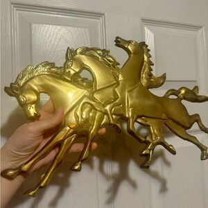 Vtg Running Wild Horses Ponies Brass Wall Hanging Plaque 16x10" Western Décor